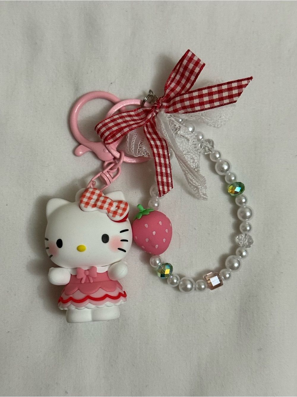 Hello Kitty Pink Strawberry Charm Keychain with Beaded Bracelet